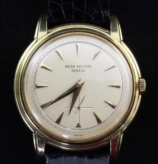 A gentlemans 1950s 18ct gold Patek Philippe Calatrava manual wind wristwatch,